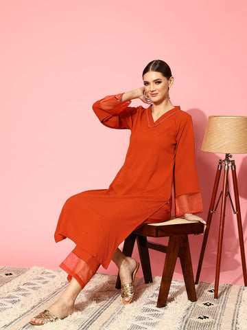 Varanga Women Rust Straight Kurta Paired With Tonal Bottom